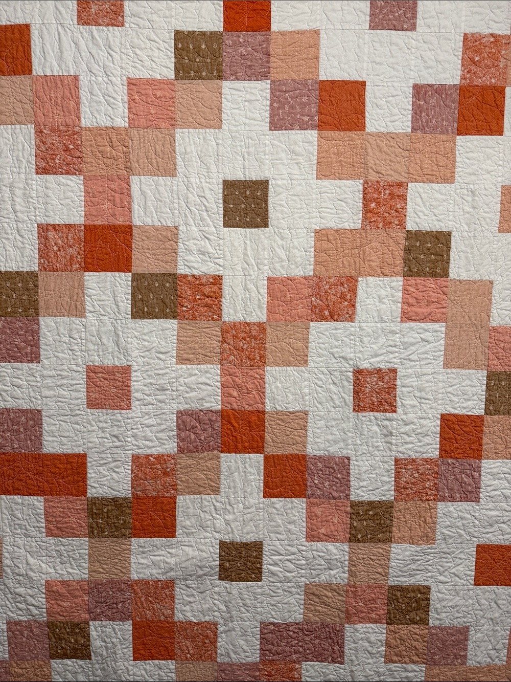 Handmade Cotton Patchwork Quilt in Peach, Rust & Brown